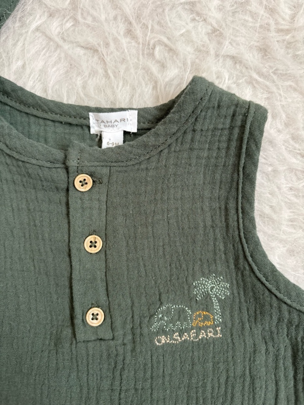 Tahari Baby Olive Green Safari Muslin Romper and Matching Hat Set - Picture 2 of 3